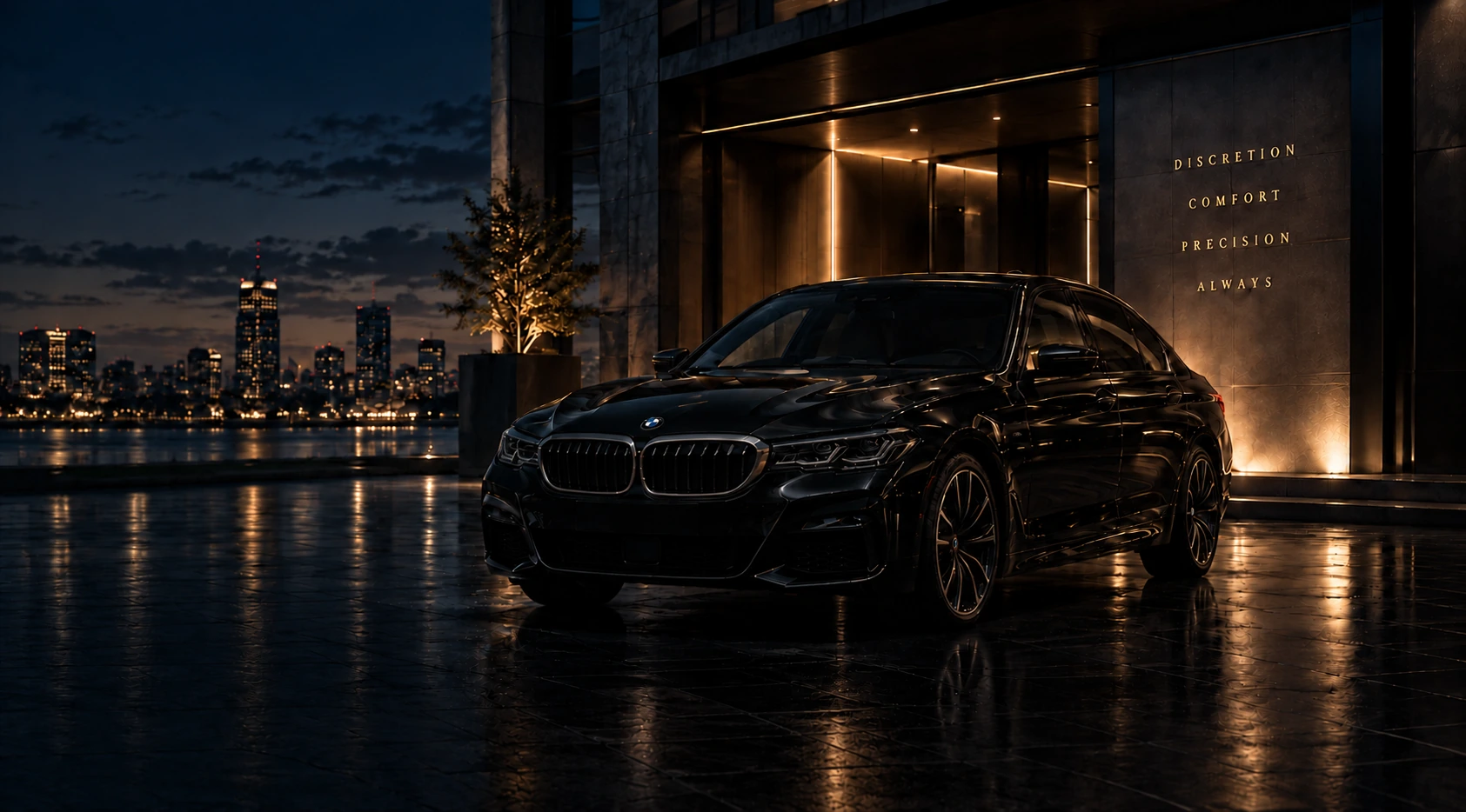 Luxury black chauffeur vehicle outside a premium hotel at night
