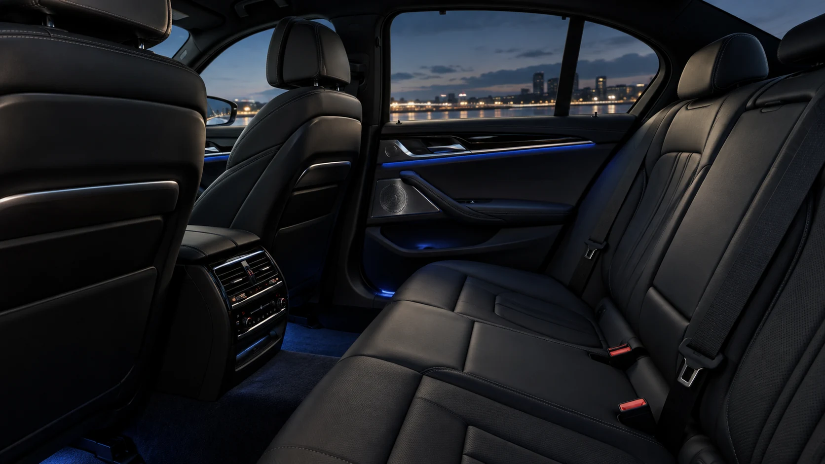 Luxury rear passenger cabin with dark leather interior